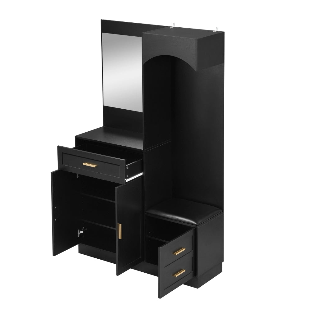 Mobile Ingresso con Specchio; 2 Ante; 2 Cassetti e Panca Scarpiera; Ripiani Regolabili; Moderno; in MDF; Nero; 110??33??185;5 cm