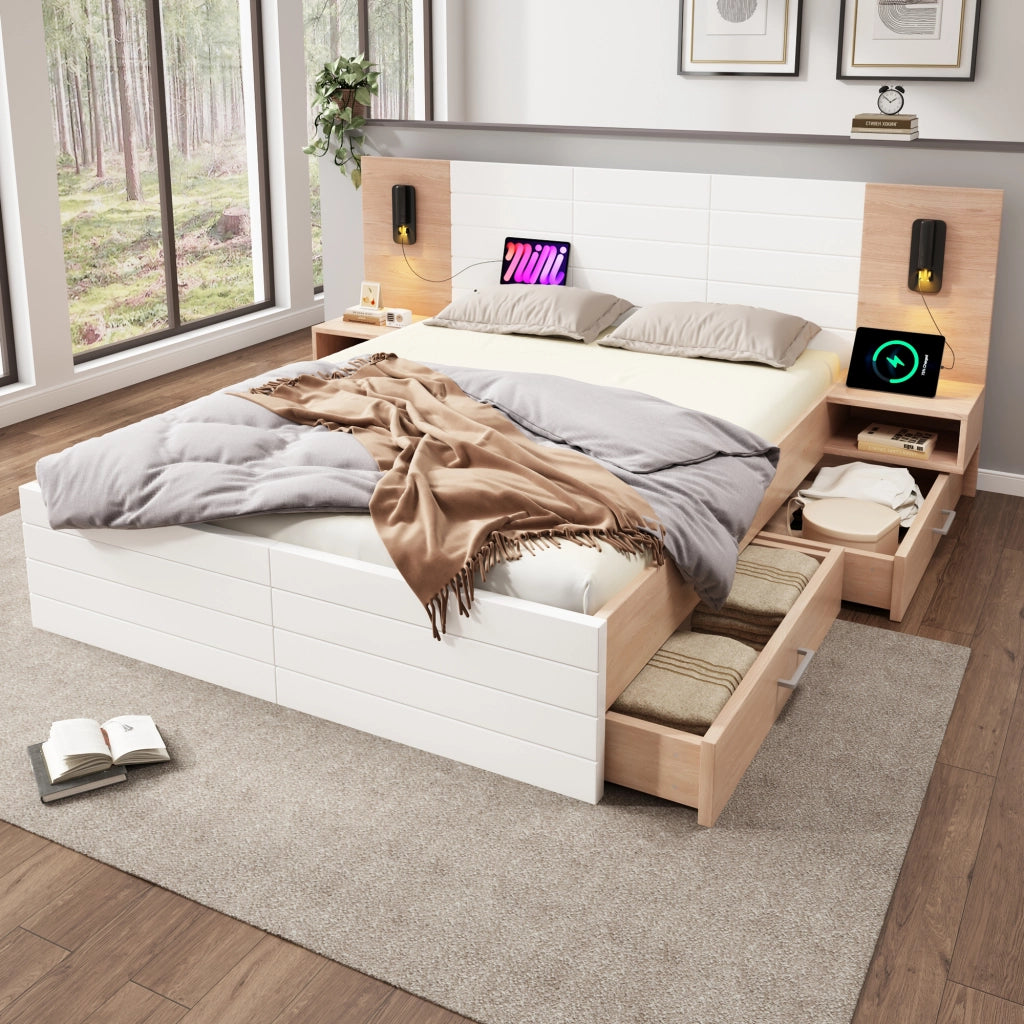 OKWISH Letto Matrimoniale con 2 Comodini, 2 Cassetti, Testiera con Lampada da Lettura Girevole e USB, Legno Massello e MDF, Bianco