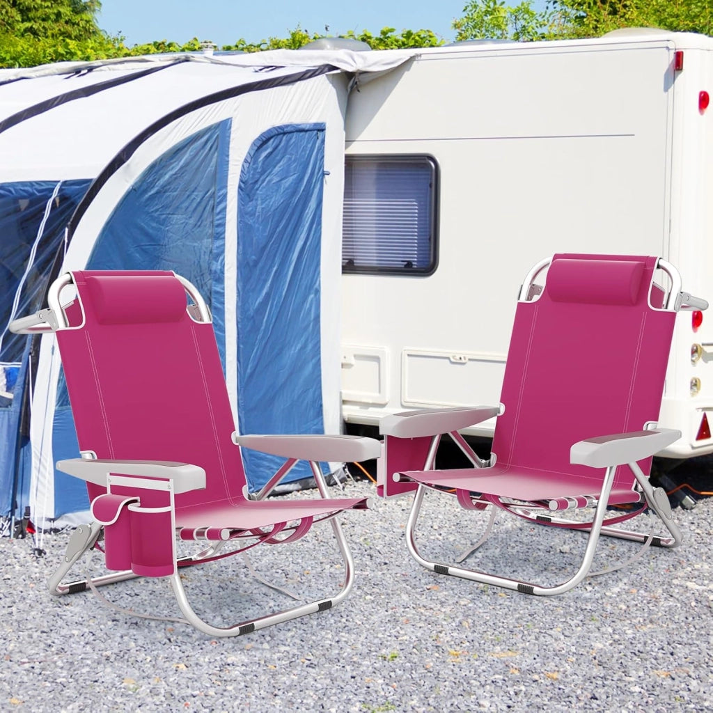 Sedia da Spiaggia Pieghevole, Spiaggina con Schienale Regolabile in 5 Posizioni, Sdraio Mare con Poggiatesta, Lettino Prendisole con Tasca Laterale, Carico 150 kg (Rosa*2)