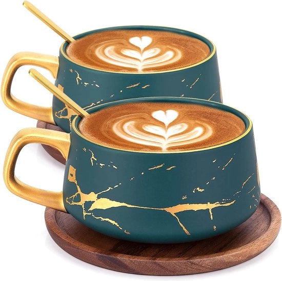 Set di 2 tazze da caffè 300 ml tazze da cappuccino bicchieri di caffè in marmo con piattino da caffè in porcellana verde Set di 6 tazze da caffè