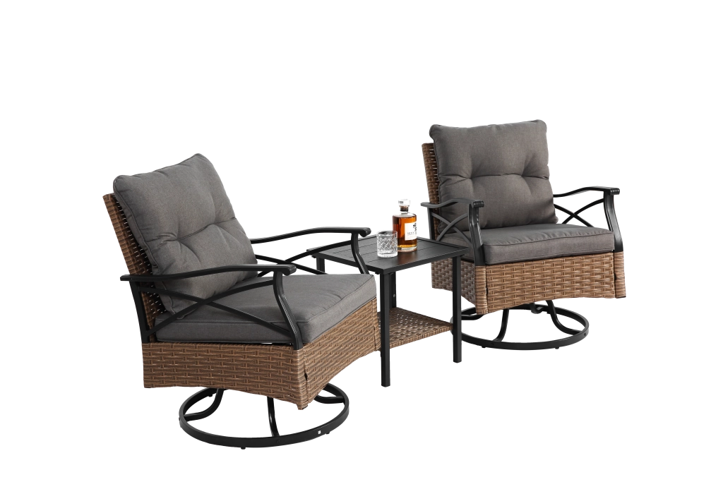 OKWISH Poltrone da giardino con tavolo set da 3 girevoli e basculanti 360° con cuscini in acciaio e rattan sintetico grigio
