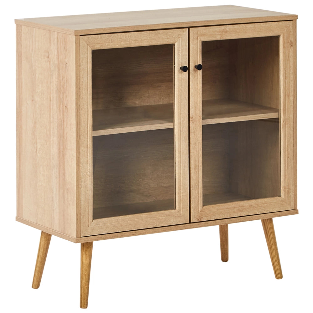 Credenza a 2 ante in truciolato marrone chiaro con gambe in legno di pino 1 ripiano con frontale in vetro Stile minimalista
