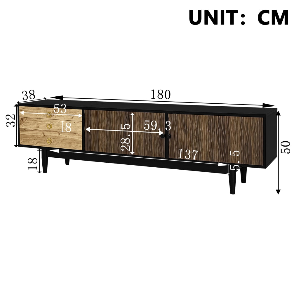 Mobile porta TV con 2 ante e 3 cassetti, pannelli effetto onda, gambe in legno, nero e legno 180 × 38 × 50 cm