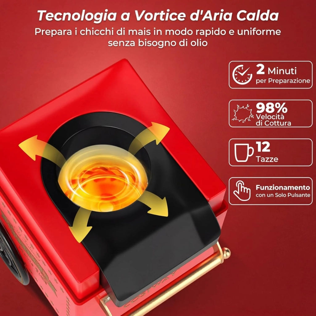 1200W Macchina Pop Corn, Macchina Popcorn ad Aria Calda con Misurino Pronta in 2 Minuti, Senza Olio, Design Retro e Portatile per Serata Cinema Casa