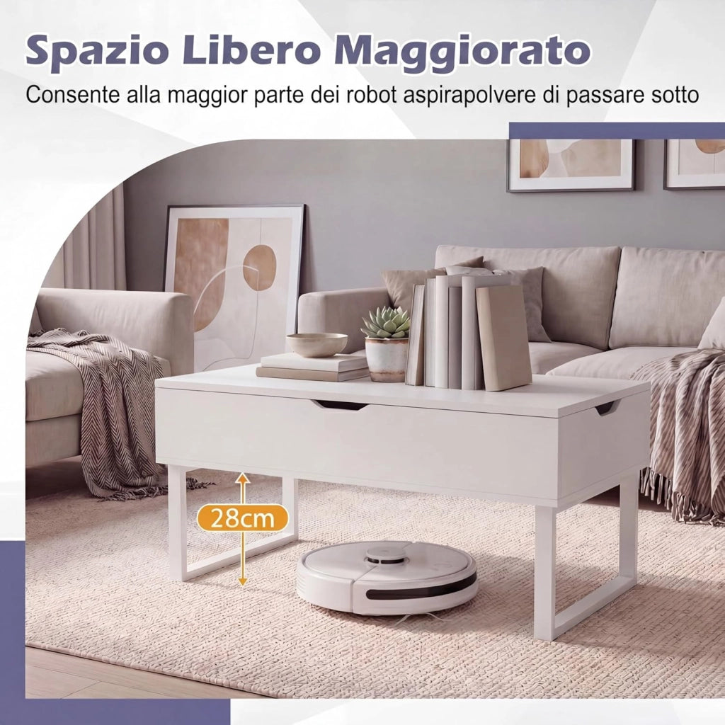 Tavolino da Caffè 3 in 1 con Piano Sollevabile, Tavolo Ausiliario Estensibile con Scomparti Nascosti, Gambe in Metallo, Tavolino Multifunzionale in Legno per Soggiorno e Sala da Pranzo (Bianco)