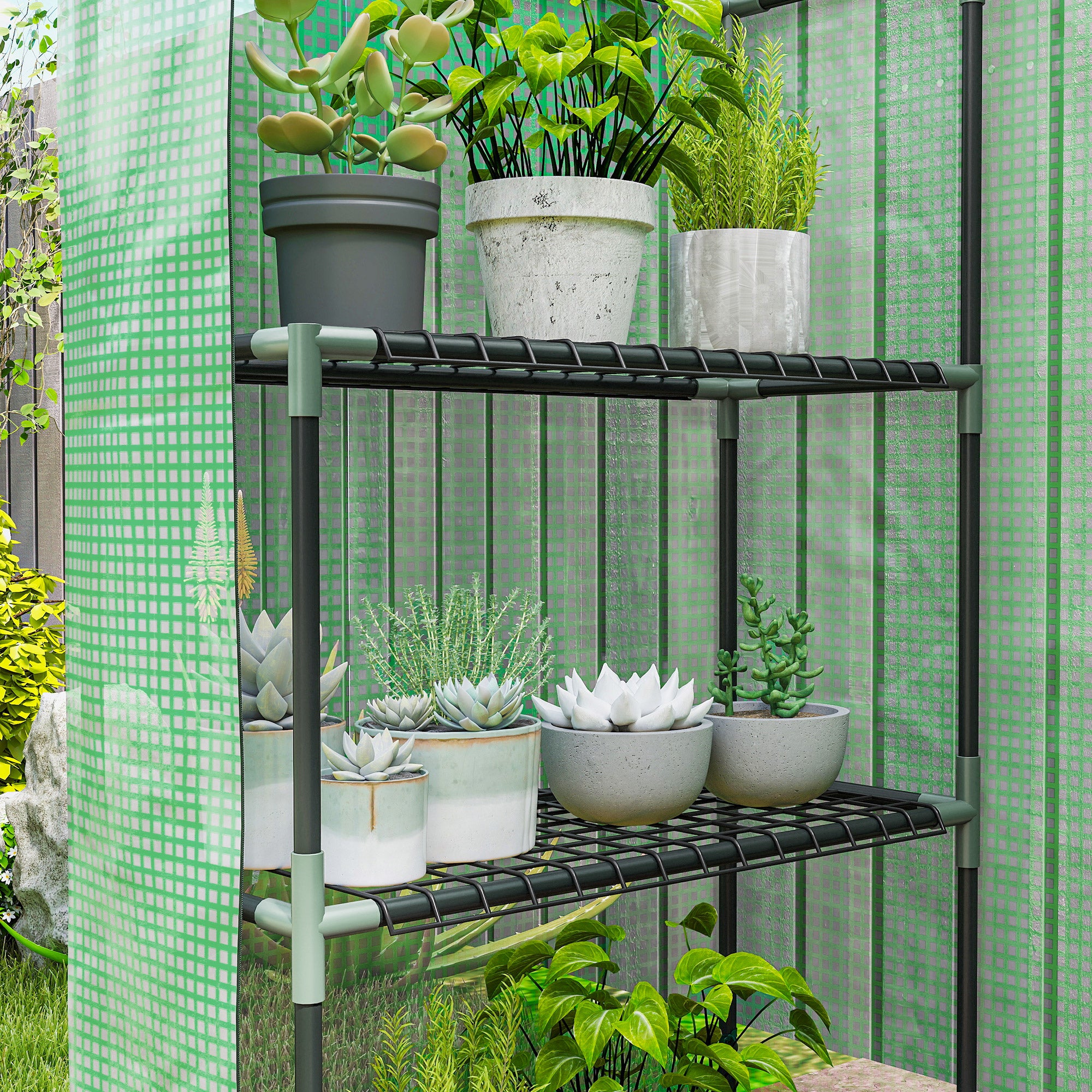 Serra da Giardino 142x73x195 cm con 2 Mensole a 3 Livelli e Ingresso a Zip in Acciaio e PE Verde