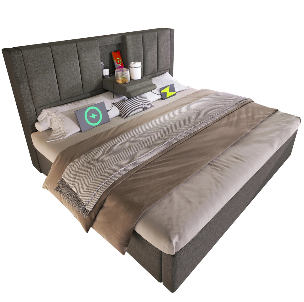 Letto matrimoniale 160x200 cm con contenitore; testiera con portabicchieri e stazione di ricarica; grigio in lino