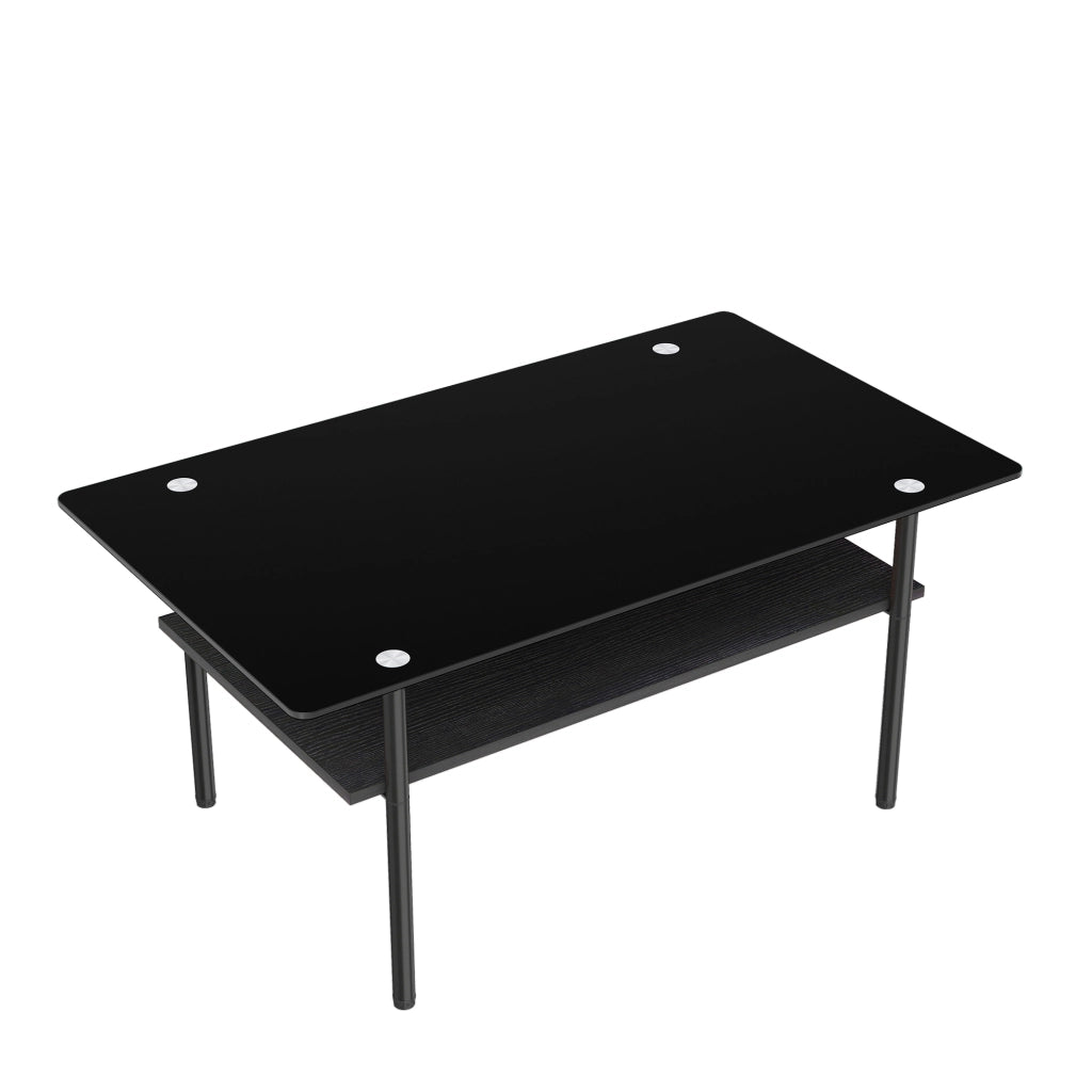 Tavolino basso con piano in vetro nero e ripiano in MDF, struttura in metallo, per soggiorno, 98 × 58 × 45 cm