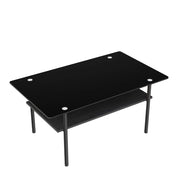 Tavolino basso con piano in vetro nero e ripiano in MDF, struttura in metallo, per soggiorno, 98 × 58 × 45 cm