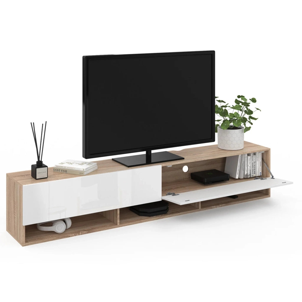 IDMarket - Mueble TV suspendido ELIO 2 puertas con estantes de madera y blanco 180 cm