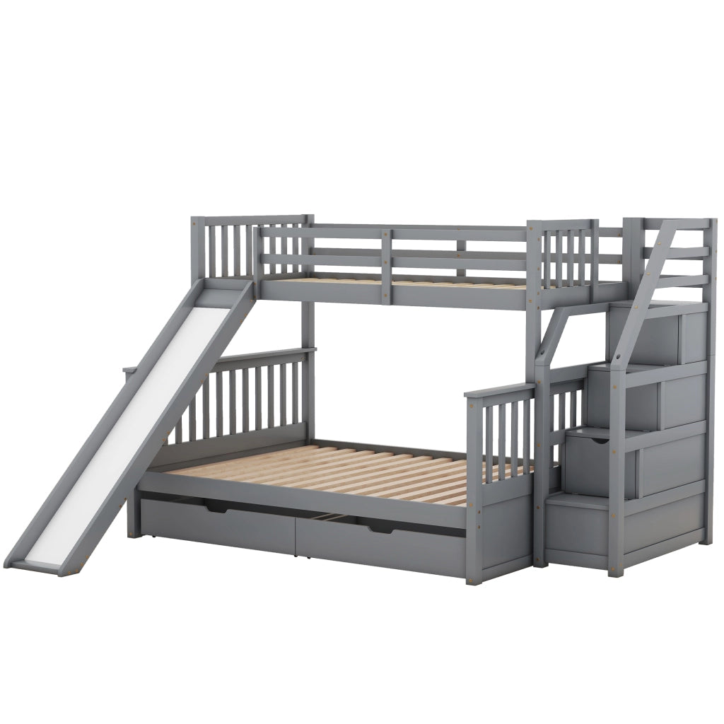 OKWISH Letto a Castello 90×200 cm e 140×200 cm, Letto 3 Posti con Contenitore, Cassetti e Scivolo, senza Materasso, Grigio