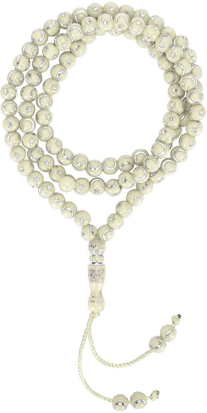 Cristalli di preghiera di alta qualità - Rosario musulmano - Corone d'avorio - Bracciale unisex - 49 cm di lunghezza - Comodo e lucido