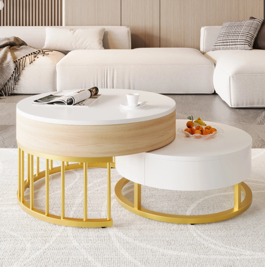 Set di tavolini rotondi 70x56 cm e 60x27 cm bianco MDF, piano sollevabile e cassetto
