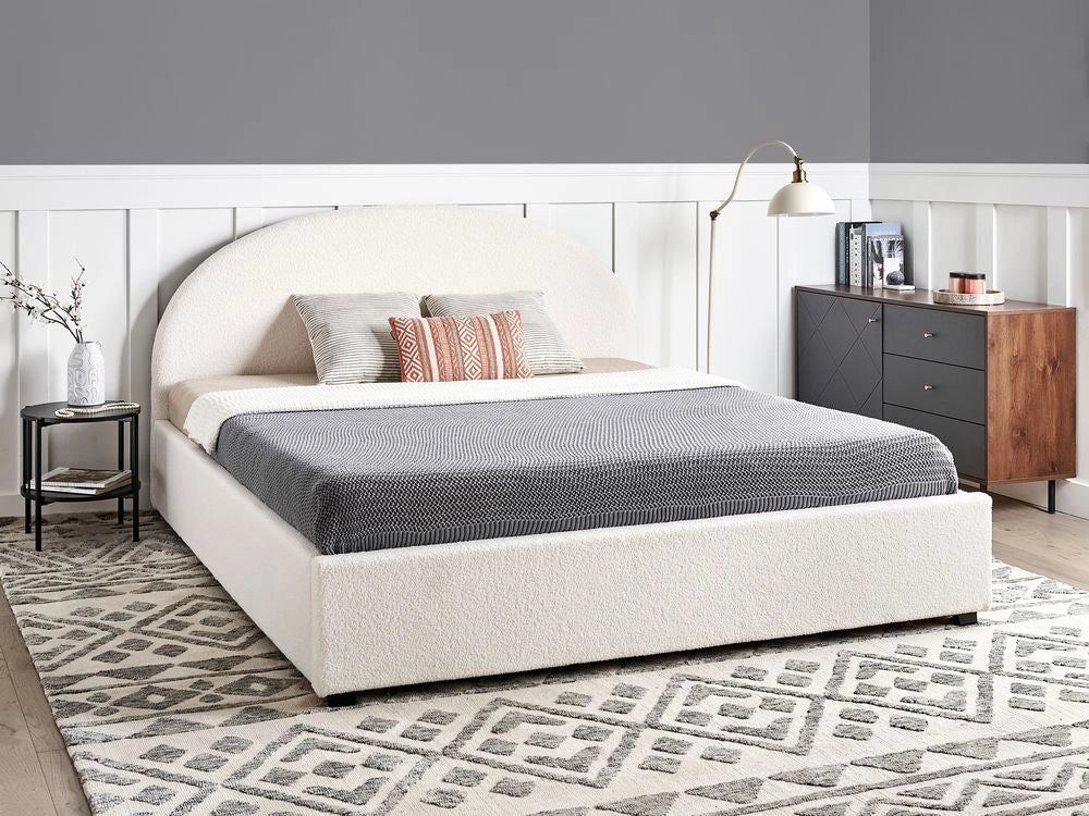 Letto contenitore matrimoniale imbottito tessuto bianco sporco retrò minimalista 180 x 200