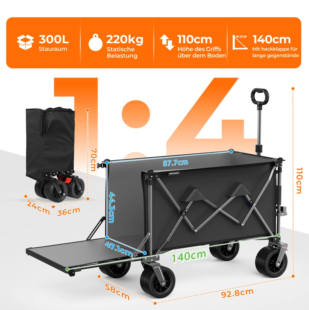 Carrello pieghevole 140 cm con sponda estensibile nero/grigio