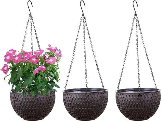 Hangende vasi per piante, set 3 pezzi, vasi per piante autoservenziate con serbatoio d'acqua e fori di drenaggio, disegno a ragnatela, vasi per piante con catene in acciaio inossidabile, colore marrone scuro, dimensioni S (diametro 16,5 cm).