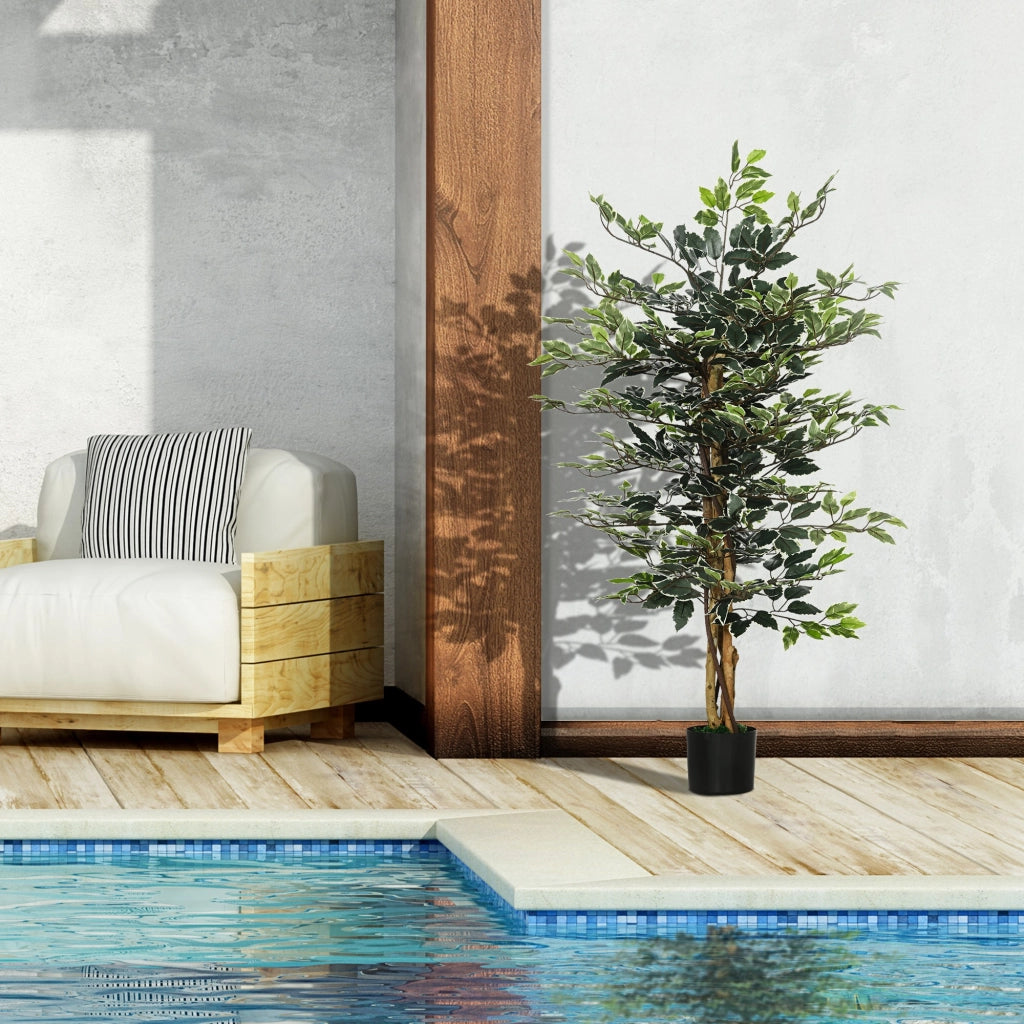 EasyComfort Pianta Artificiale di Fico da 130 cm a 702 Foglie e 3 Tronchi con Vaso Ø15x12.5 cm, per Interni ed Esterni