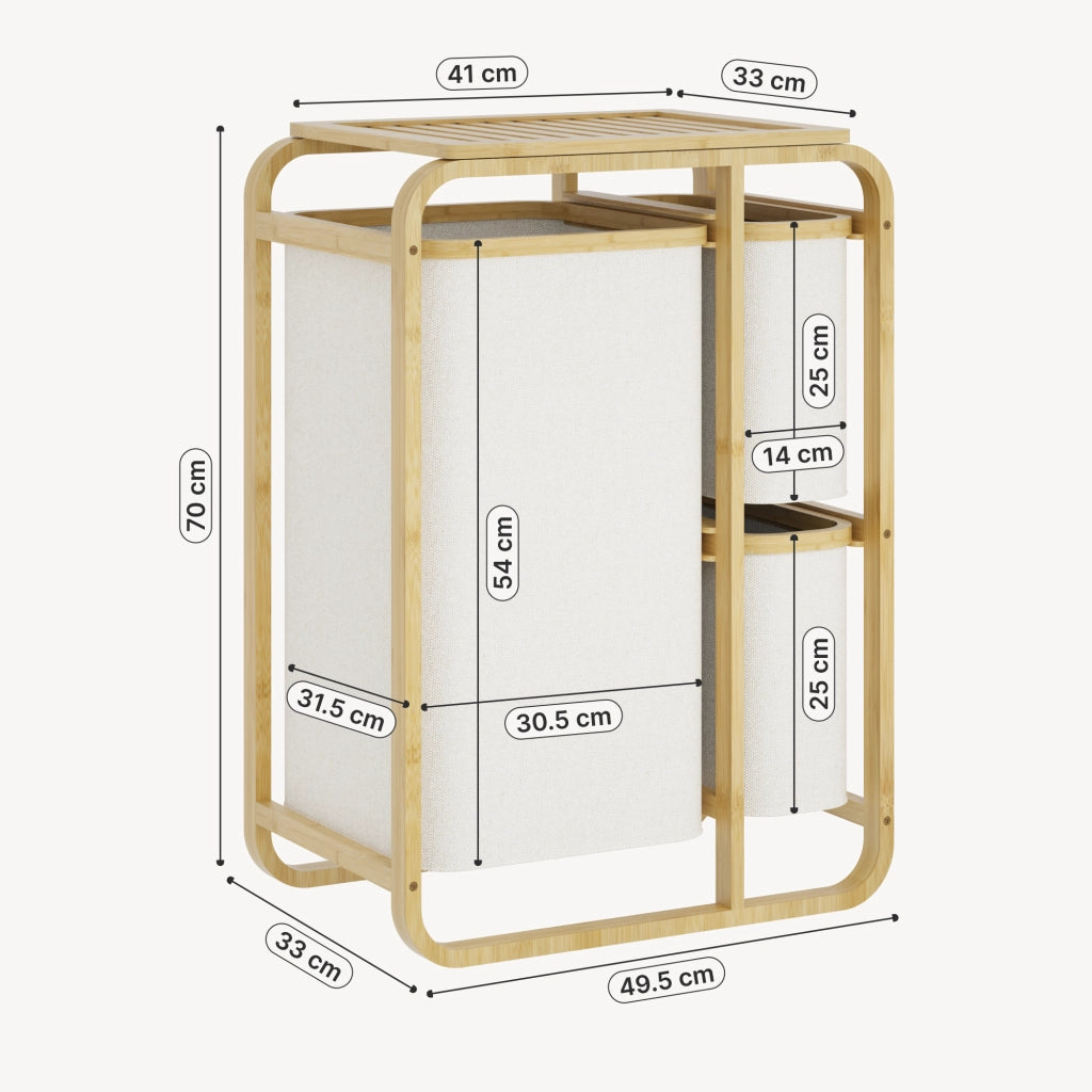 Mobile Portabiancheria Evenes in Bambù e 3 Sacchi Estraibili 70,5 x 49,5 x 33 cm Beige [en.casa]