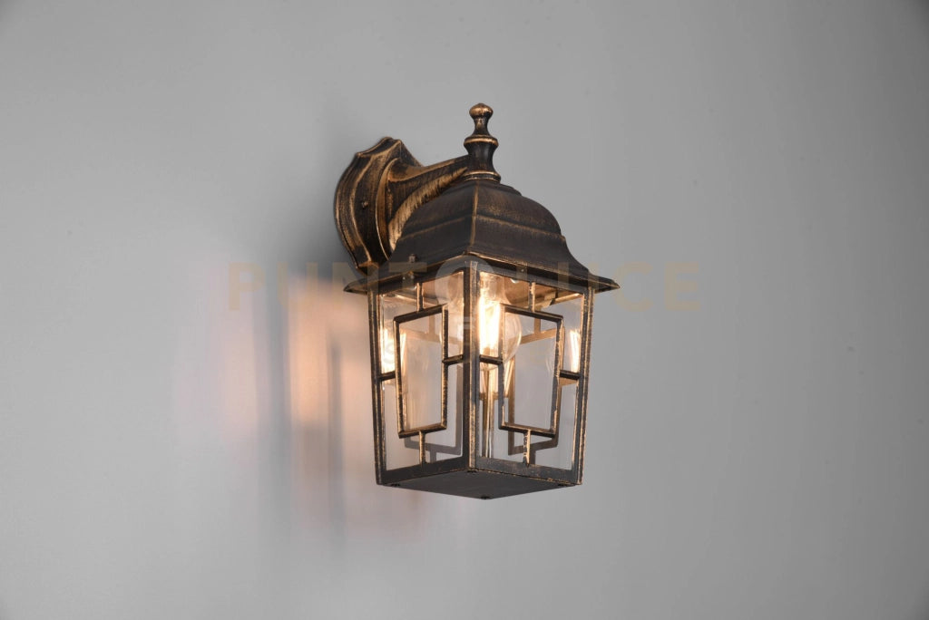 VOLTURNO APPLIQUE DA ESTERNO DOWN 4 LATI FUSIONE DI ALLUMINIO RUGGINE CON DECORO IN FUSIONE SUL VETRO E VETRO TRASPARENTE H. 30CM IP44 1 LUCE ATTACCO E27