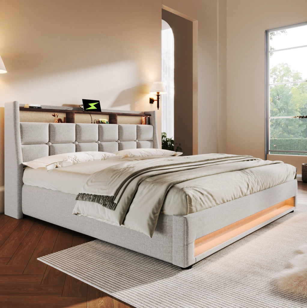 Letto imbottito 180x200 cm con LED, USB e vano contenitore