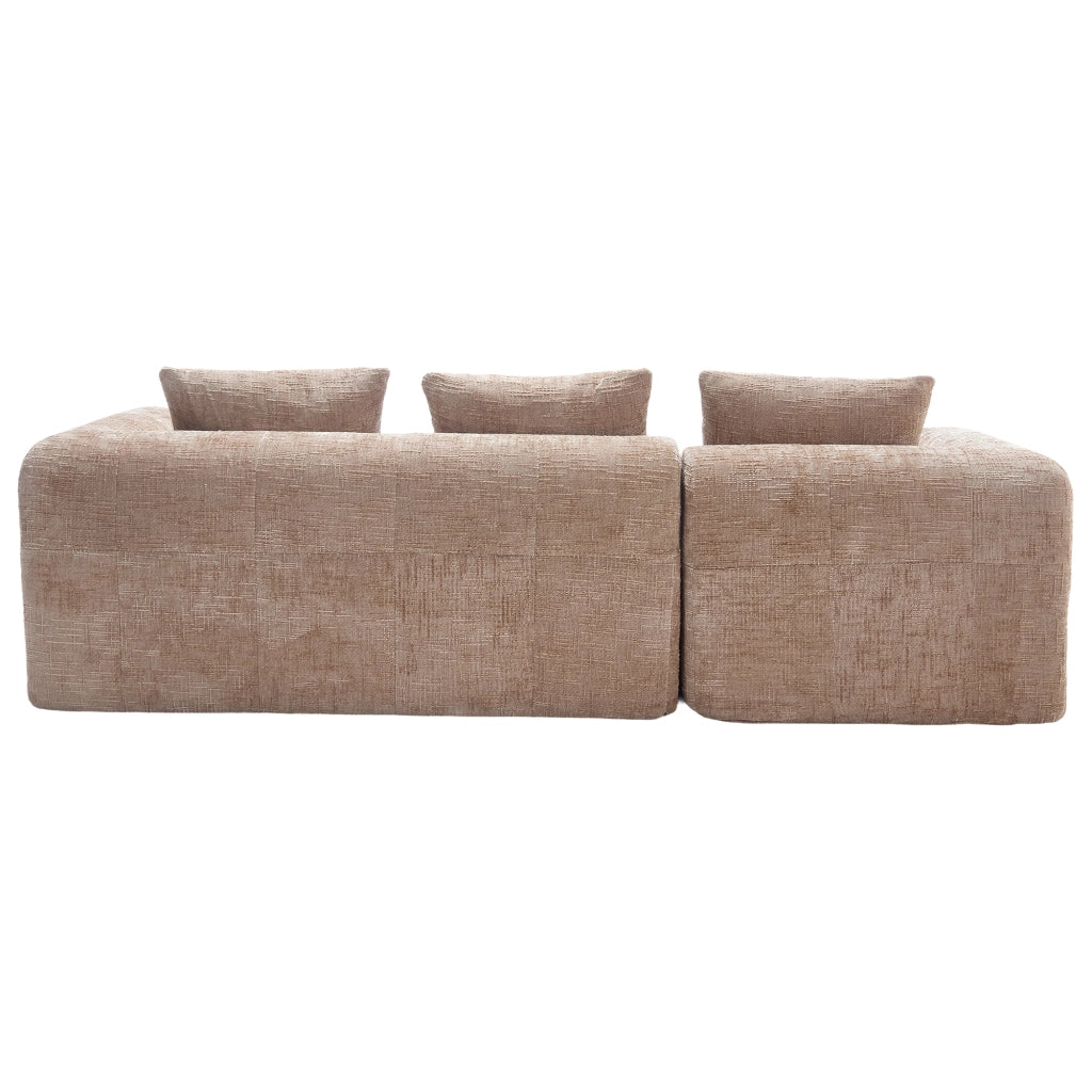 Divano angolare modulare in chenille color khaki, con chaise longue, tasche laterali e 3 cuscini