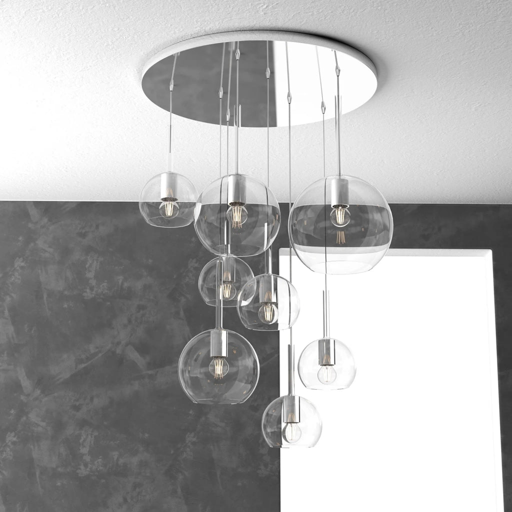 Lampadario Contemporaneo Future Metallo Cromo Vetro Mix Trasparente 8 Luci E27