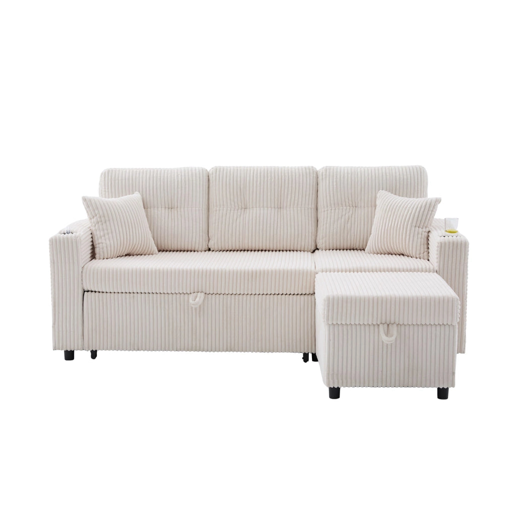 Divano in corduroy con contenitore; letto estraibile e USB-C; beige 196 cm