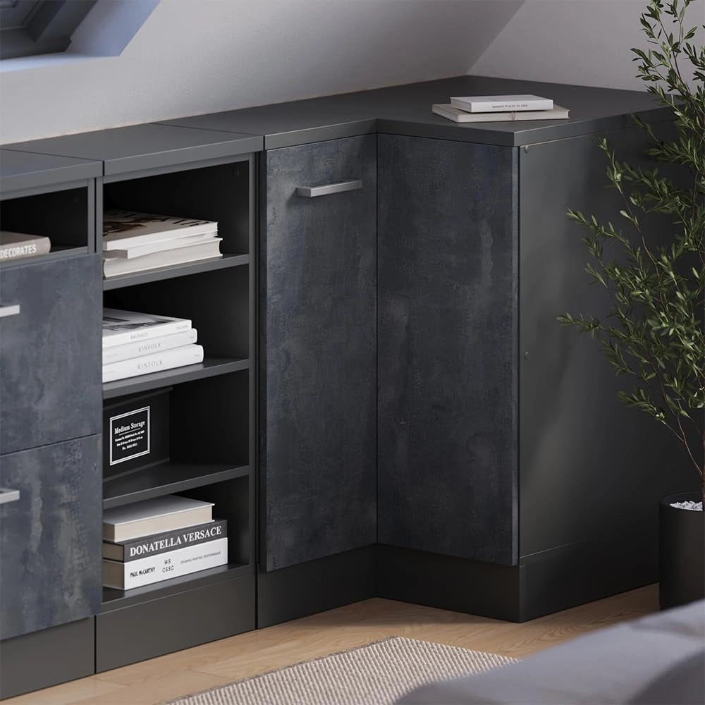 Mobile sottotetto Mobile angolare Rion, Calcestruzzo nero, 75.6 x 81.6 cm con 1 porta, carcassa dell’armadio profondità 60 cm, adatto per il salvaspazio sotto tetti spioventi