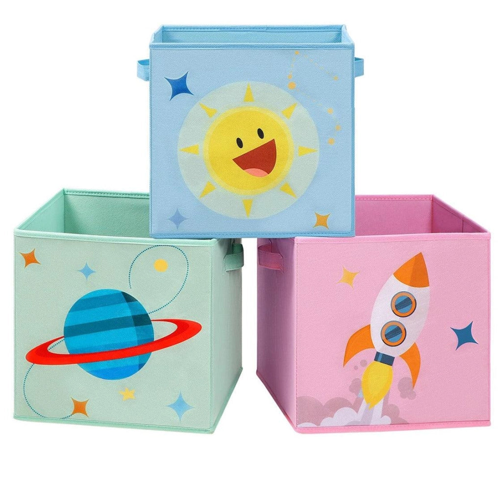 Set di 3 contenitori portaoggetti per giocattoli a cubo pieghevoli con manici per la cameretta dei bambini, sala giochi 30 x 30 x 30 cm, tema spaziale blu verde e rosa 12_0002274