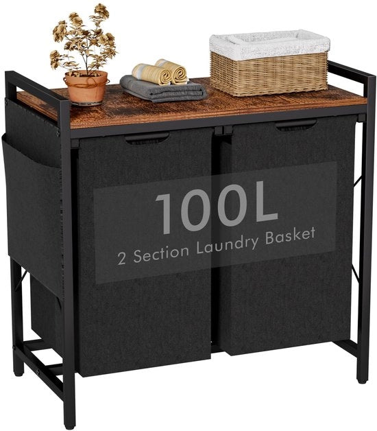 Lavatrice 2-camere, contenitore per bucato con spazio di stoccaggio, capacità totale 2 x 50 L, sacchetto di bucato estraibile e rimovibile in tessuto Oxford, contenitore per bucato con tasche laterali e supporto a X (2 cassette, 100 L)