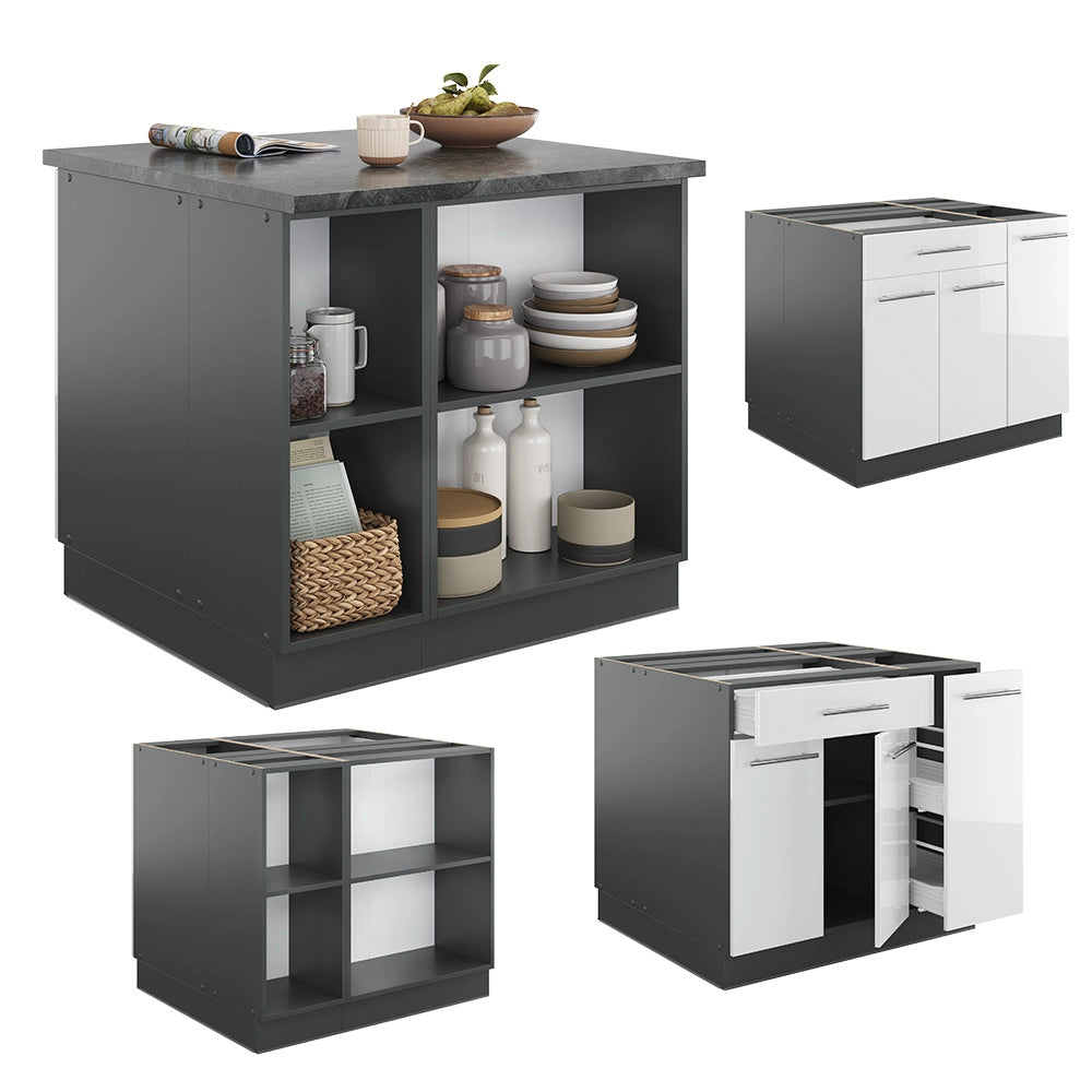 Isola cucina Fame-Line Bianco lucido/Antracite 90 cm con cassetto, senza piano di lavoro Vicco