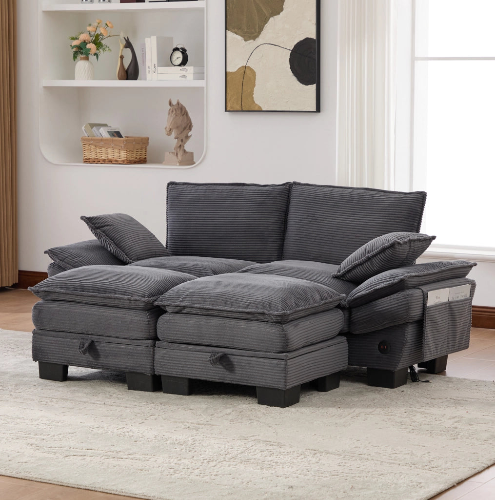 Divano modulare 2 posti con 2 pouf contenitore in tessuto corduroy; 190x132x84 cm; grigio scuro