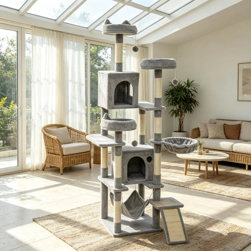 Albero tiragraffi per gatti, h 192 cm, 8 pali, 4 piattaforme, 2 nicchie, scala e 3 palline