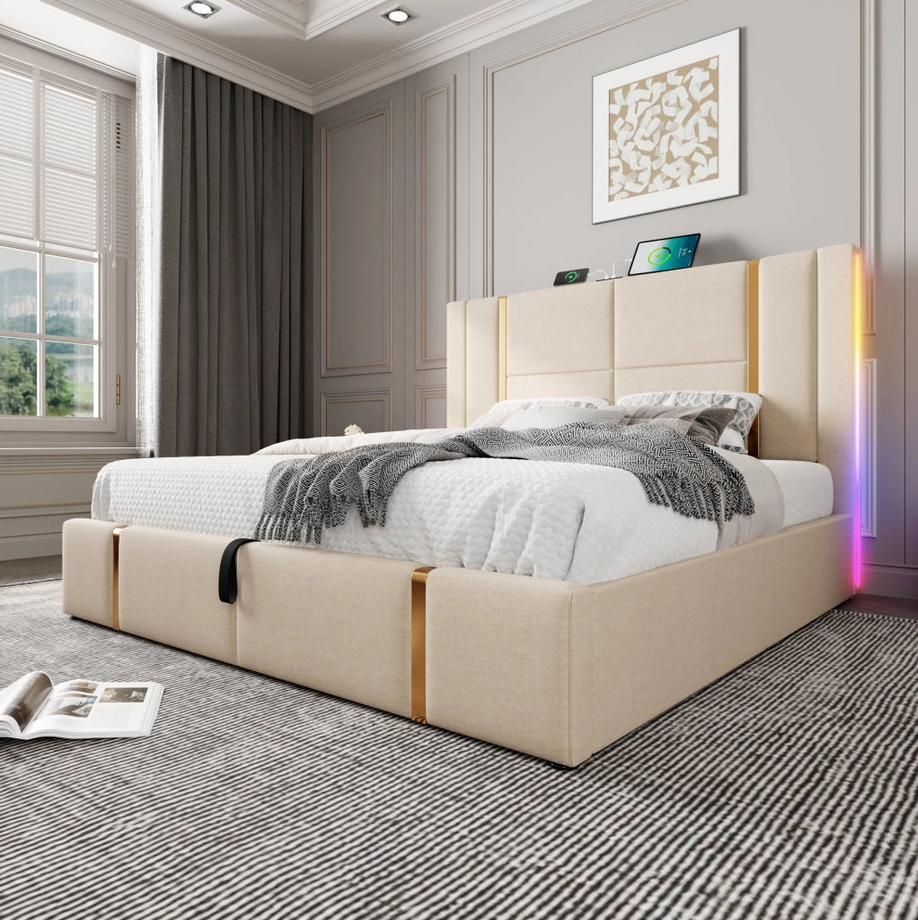 Letto contenitore imbottito 160x200 cm con LED RGB; USB e Type-C; beige in lino