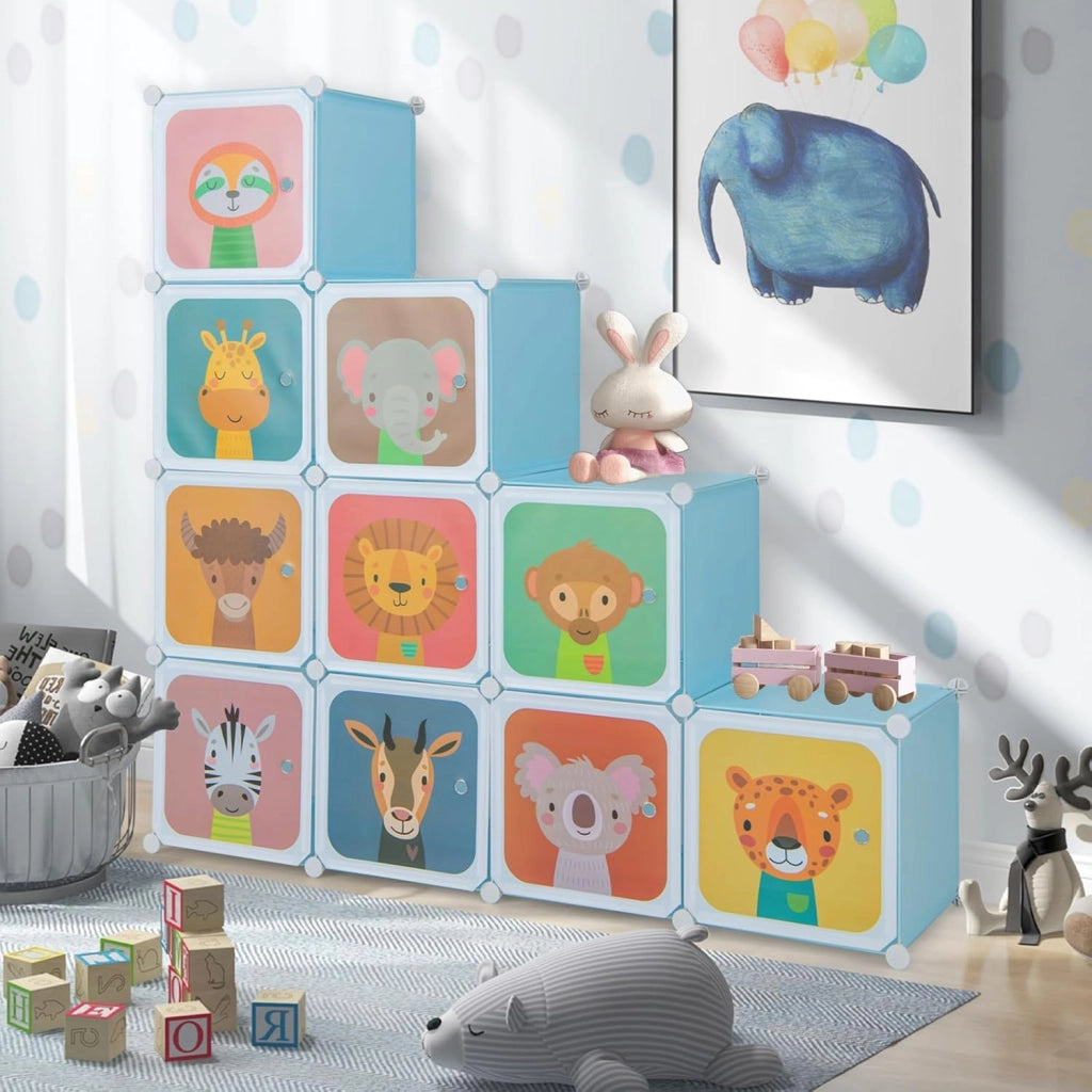 Guardaroba Portatile per Bambini, Armadio Portatile con 12 Cubi, Organizzatore Modulari per Camera dei Bambini Soggiorno, 109 x 35 x 145 cm (Blu)