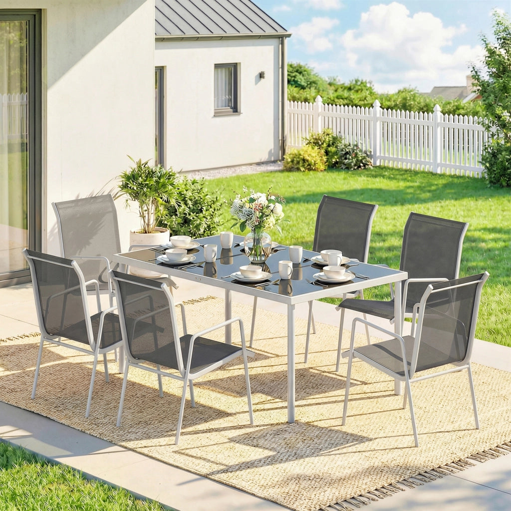 Set da Giardino 7 Pezzi Tavolo Rettangolare e Sedie Impilabili ¨C zephmum ¨C Grigio Polipropilene