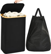 Wascio con coperchio, 102L Wascio pieghevole con sacchetto di lavaggio rimovibile, Wascio con coperchio e maniglia di bambù facile da trasportare, Wascio impermeabile con coperchio, Nero