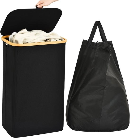 Wascio con coperchio, 102L Wascio pieghevole con sacchetto di lavaggio rimovibile, Wascio con coperchio e maniglia di bambù facile da trasportare, Wascio impermeabile con coperchio, Nero