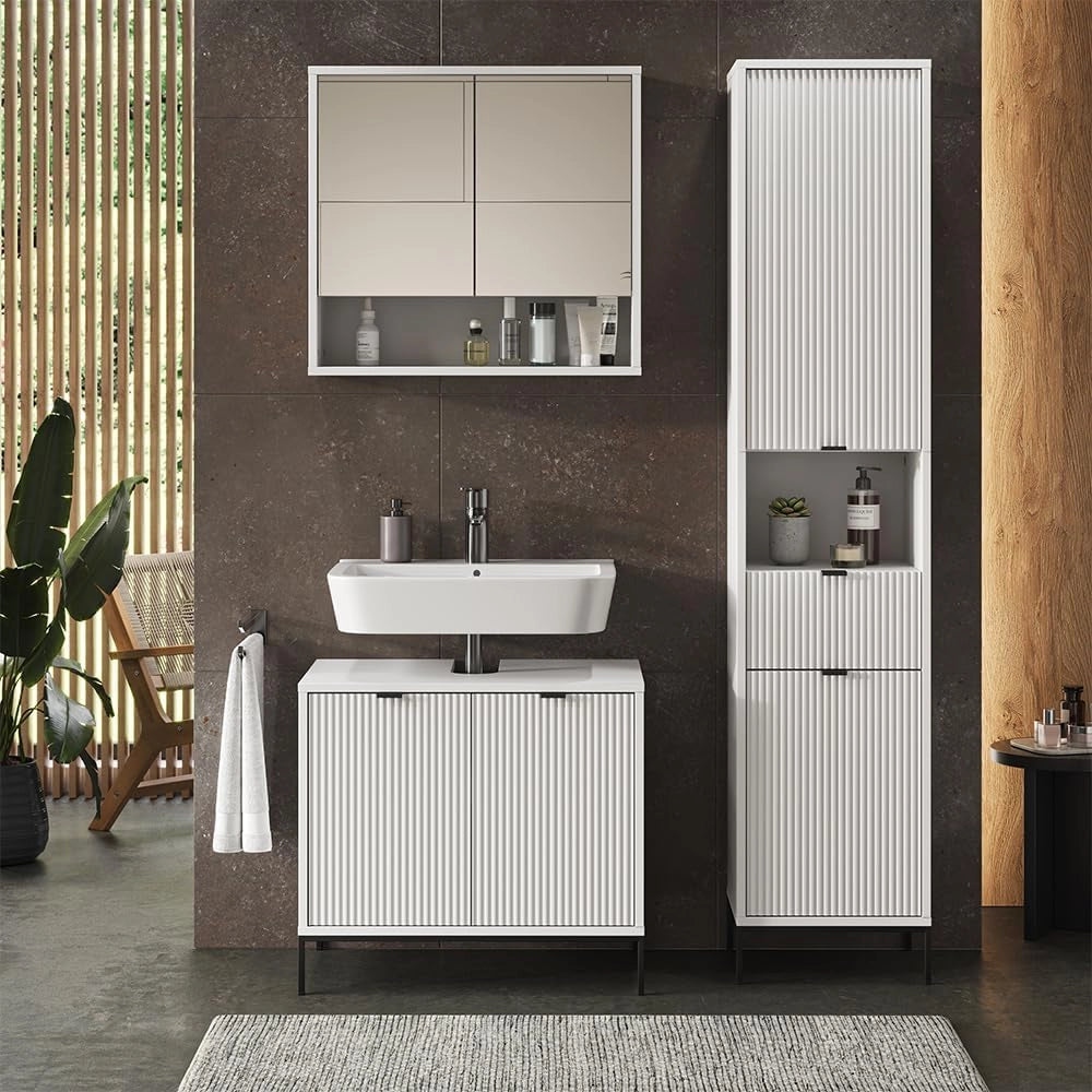 Set di mobili per il bagno Eliza, Bianco, 70 cm, composto da mobile sottolavabo, specchiera e colonna alta