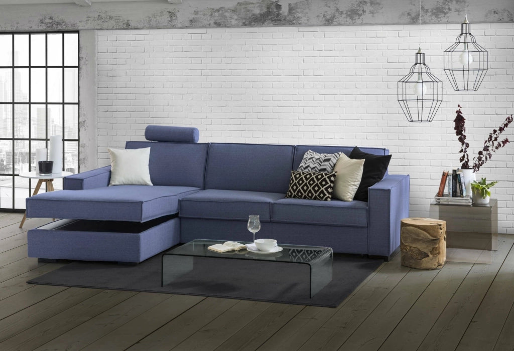 Divano fisso Sodalite, Divano ad angolo, Made in Italy, SofÒ  Soggiorno con, penisola contenitore Sinistra, con Braccioli slim, cm 260x95h90, Blu