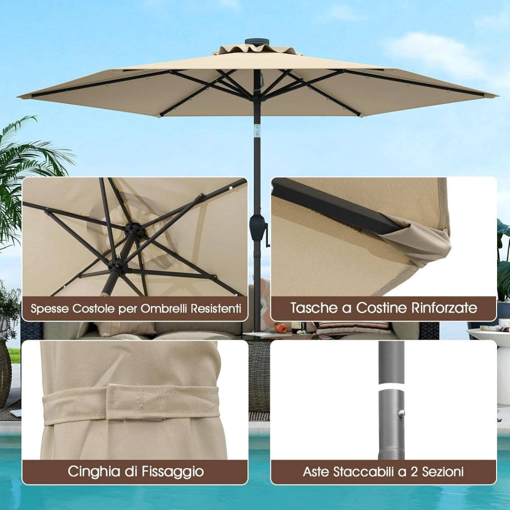 Ombrellone da Giardino 230 cm, Ombrello per Esterni con inclinazione Regolabile, 18 Luci LED, Manovella e Tettuccio Ventilato, Ombrello per Giardino, Cortile, Piscina (Beige)