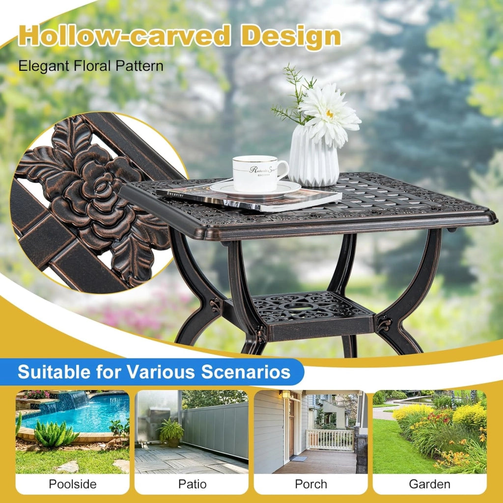 Tavolo da giardino resistente agli agenti atmosferici, in alluminio pressofuso, tavolo da balcone quadrato con ripiano e poggiapiedi regolabili, tavolo da terrazza, tavolino antico per