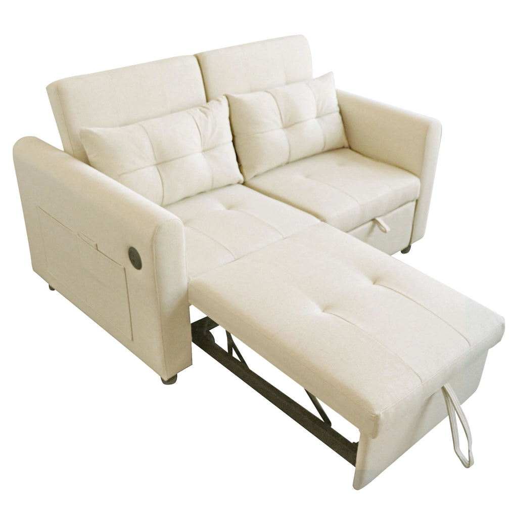 Divano letto 2 posti 3-in-1 beige con schienale regolabile; USB e tasche laterali HOMVRA