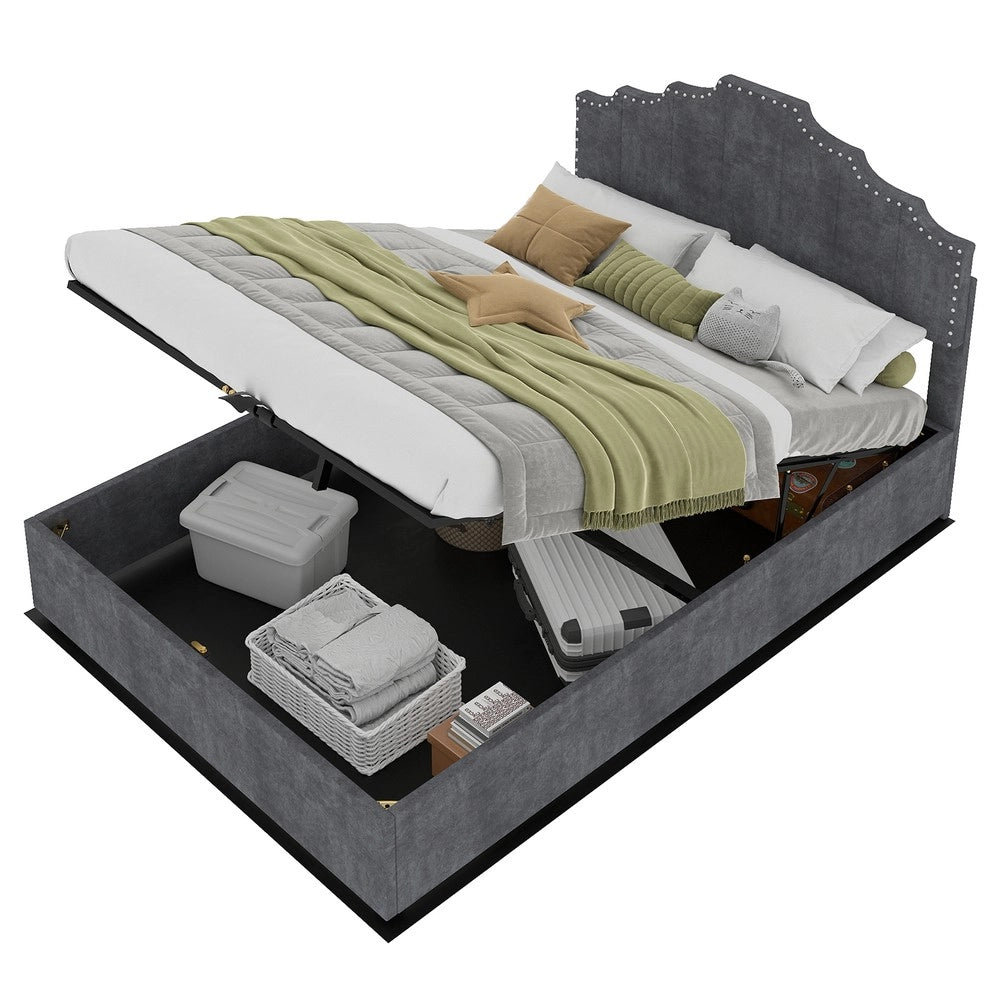 Letto Contenitore Imbottito ¨C MINIMAL ¨C Grigio 140x200 con Testiera, Struttura con Doghe
