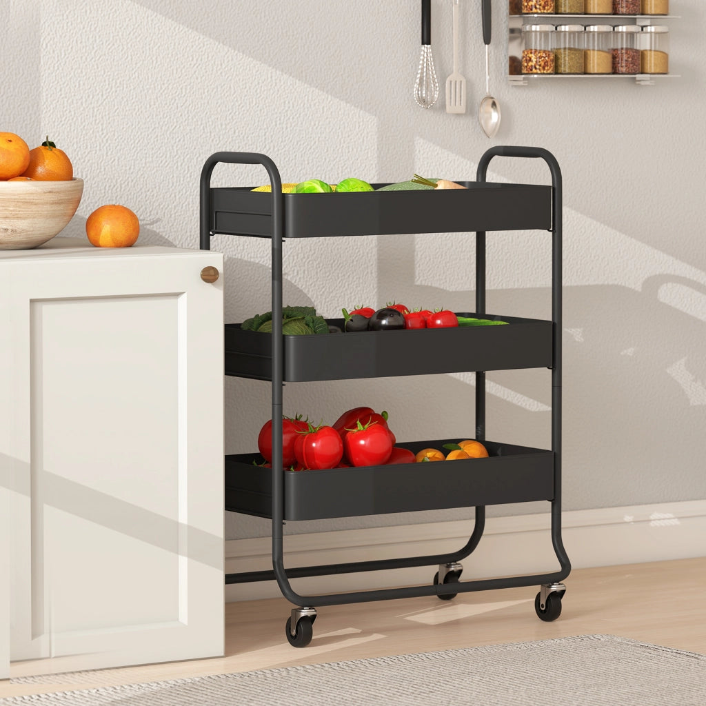 Carrello per Cucina con 3 Cestelli e 4 Ruote ¨C zephmum ¨C Nero, Metallo