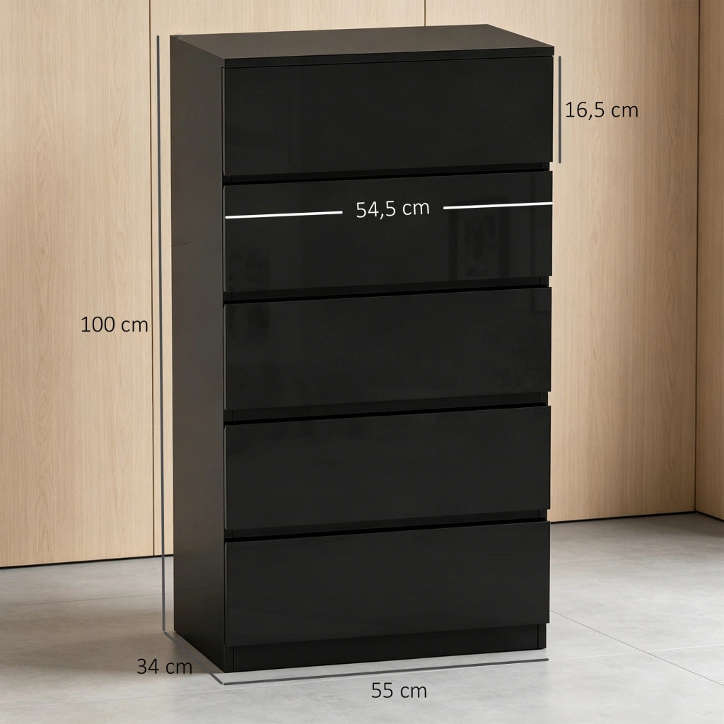 Cassettiera 5 Cassetti 55x34x100 cm Design Moderno e Multiuso in Legno Nero