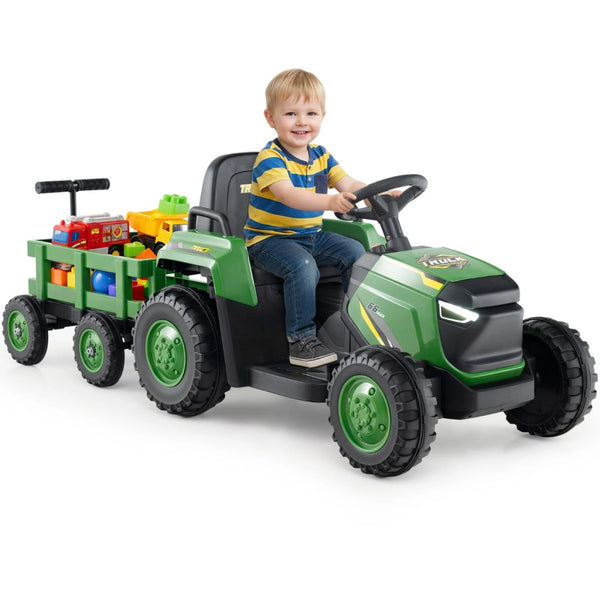Trattore elettrico 12V con rimorchio staccabile e controllo remoto-Giocattolo trattore alimentato a batteria per bambini Verde scuro