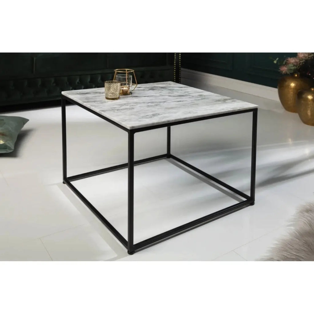 Tavolino basso VORTEX 50 cm in marmo bianco lucido con struttura in metallo nero