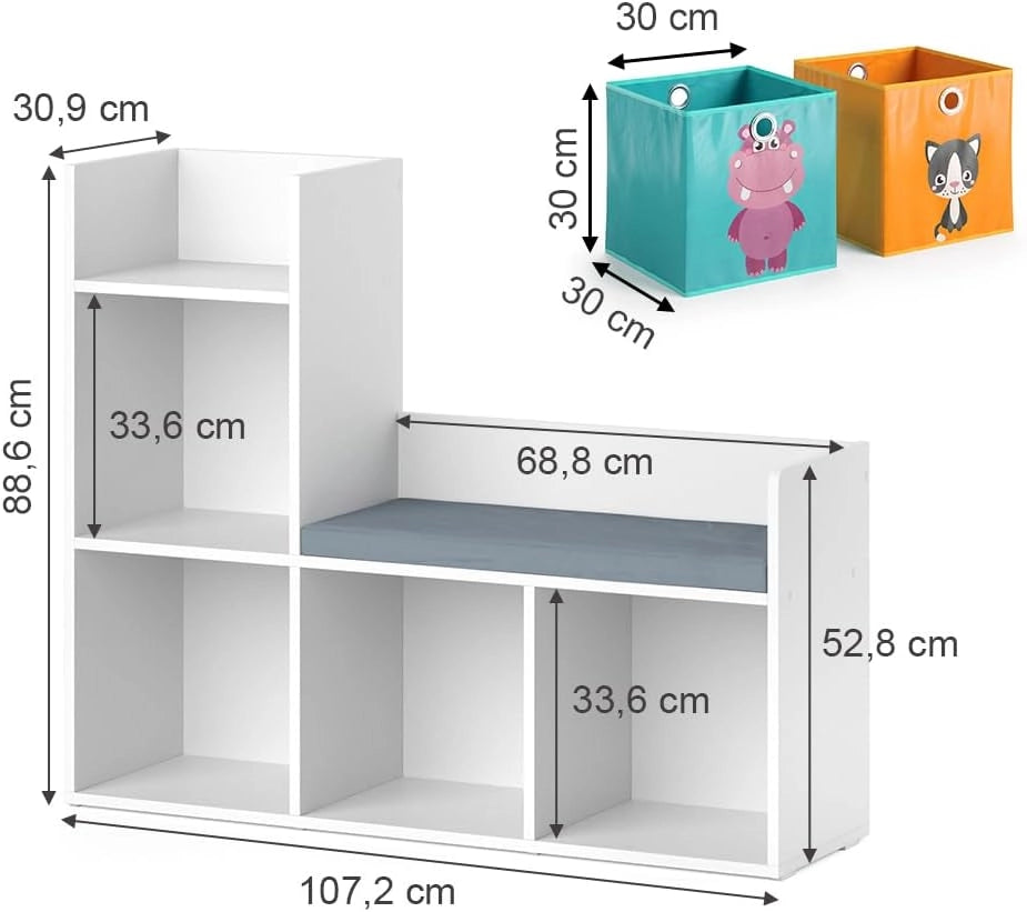 Scaffale per bambini Luigi, Bianco, 107.2 x 88.6 cm con 2 scatole pieghevoli opt.1, con seduta imbottita e quattro ripiani aperti