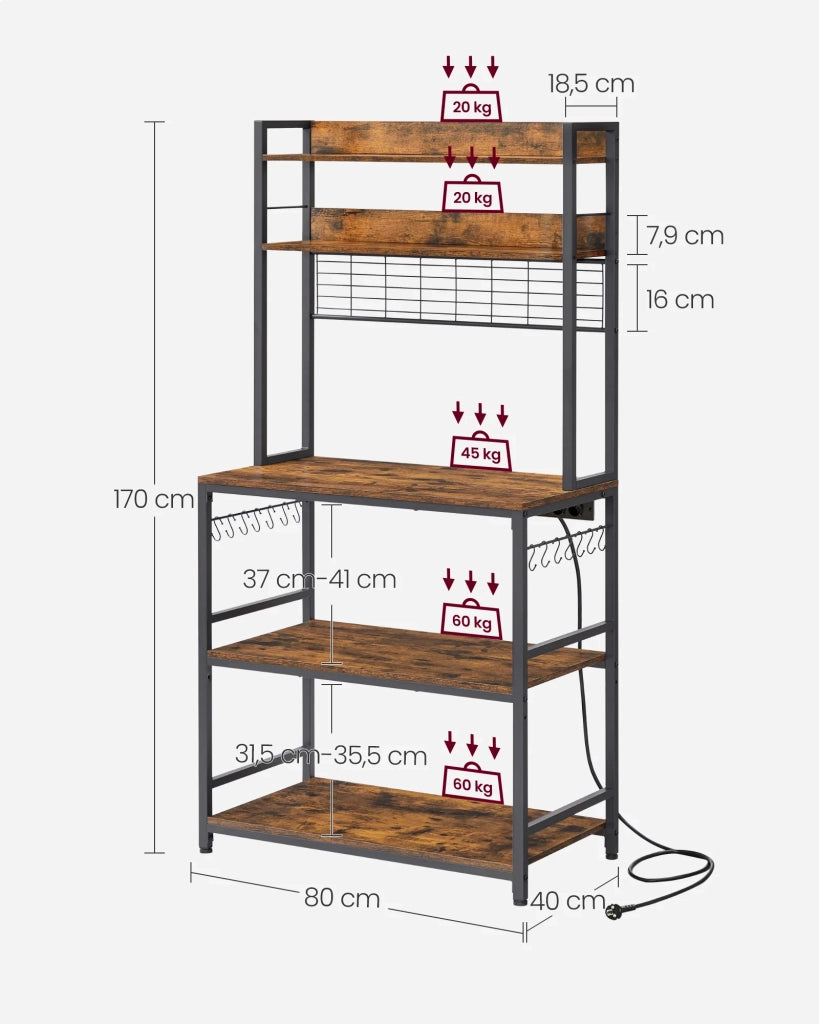 Mensola da cucina con multipresa supporto per microonde ripiano portaoggetti con pannello in rete metallica 14 ganci 40 x 80 x 170 cm marrone rustico e nero 12_0005666